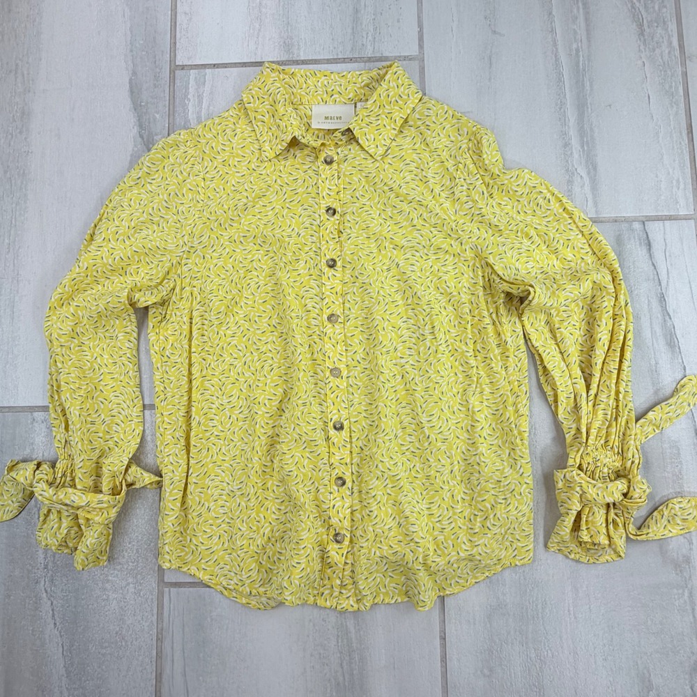 Maeve Anthropologie Yellow Banana Print Button Down Blouse Tie Cuff Size 6